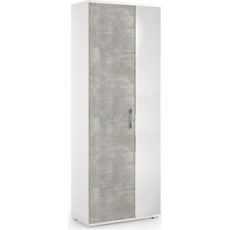 Dmora - Scarpiera Eracle, Mobile multiuso da ingresso con anta a specchio , Armadio moderno portascarpe a 6 ripiani, 100% Made in Italy, 72x37h195 cm, Bianco e Cemento