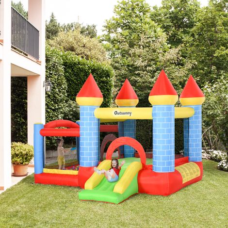 Château gonflable avec trampoline et toboggan, souffleur 350W et sac inclus, pour 3 enfants max, multicolore, 280×260×210 cm