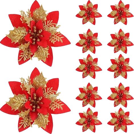 Künstliche Blumen, Weihnachtsstern-Design, 10 Stück Set, rot-gold, 14cm-a (1/2)