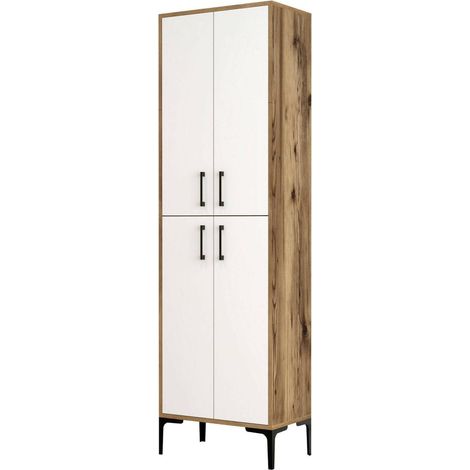 Dmora - Credenza Alphard, Buffet da soggiorno, Madia da salotto, Dispensa da cucina, 60x35h200 cm, Noce e Bianco, con imballo rinforzato, con imballo rinforzato