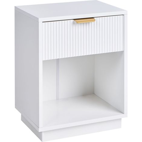 Comodino in MDF con 1 cassetto e maniglia dorata frontale scanalata 1 ripiano Bianco Summerville