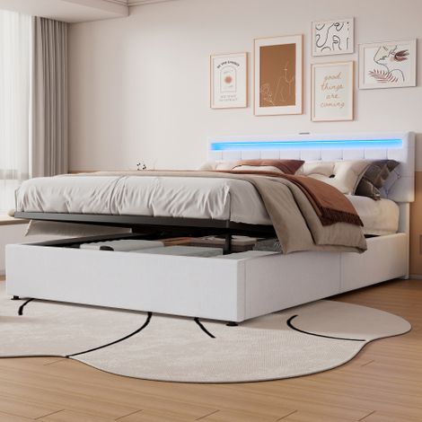160200 cm flaches Bett, gepolstertes Bett, Umgebungslicht am Bett, Bett kann angehoben und abgesenkt werden, USB- und Typ-C-Steckdose am Bett, großer Stauraum, Weiß