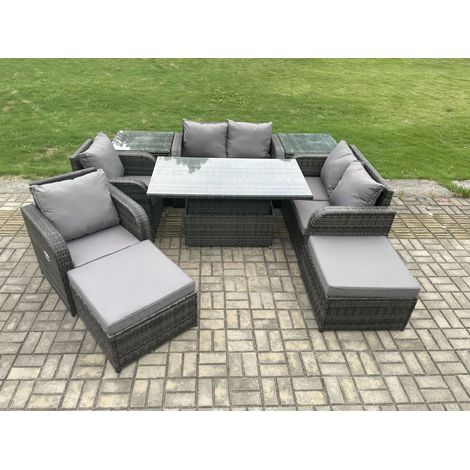 Fimous Rattan Furniture Garden Dining Sets Outdoor Height Adjustable Rising lifting Table Love Sofa Chair With 2 Side Tables 2 Footstools (1/5)