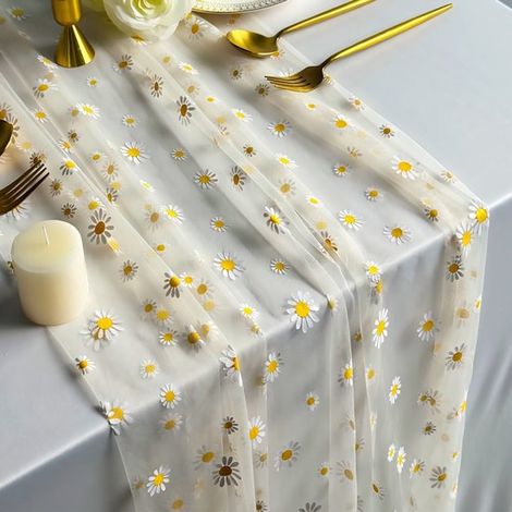 Camino de mesa，75 x 300 cm，Malla transparente y tul，Estampado floral (margaritas)，Ideal para bodas y banquetes，Adecuado para reuniones familiares (1/5)