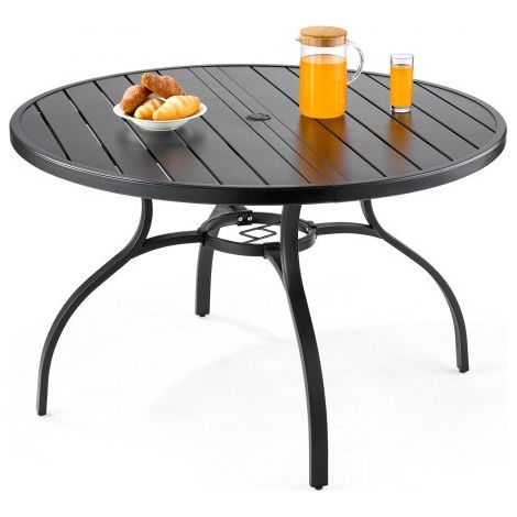 Mesa de Patio, Redonda, de Acero al Carbono, para Patio, Jardín, Terraza, Impermeable, con Orificio para Sombrilla de 38 mm, Capacidad de Carga de 68 kg, Color Negro, 1200 x 1200 x 725 mm (1/5)