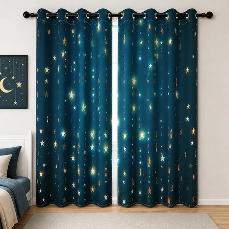 Blackout Curtains Space for Children's Room Boys Blue Stars  Gold Stars Sparkle Thermal Blackout Curtains for Bedroom with Eyelets 2 Panels 42" x 63" (1/5)