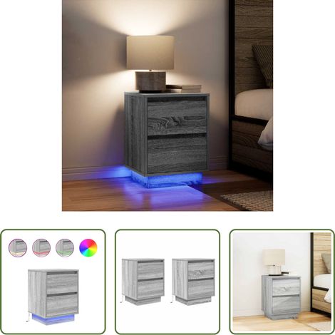 vidaXL Nachttisch Holz - Nachttische mit LED-Leuchten 2 Stk. Grau Sonoma 38x34x50 cm (1/5)