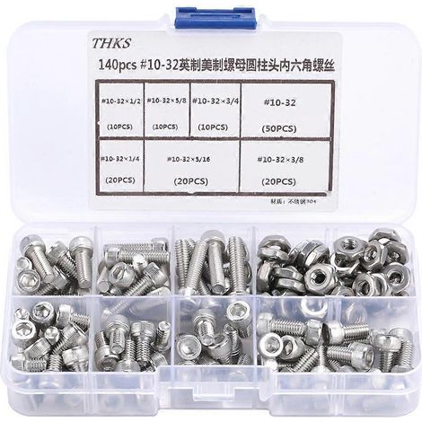 Assortiment de 140 vis à tête cylindrique creuse en acier inoxydable n° 10-32 (1/4)