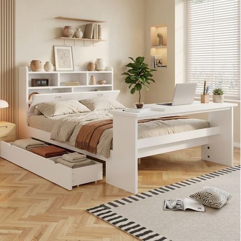 Letto 140 x 200 cm con contenitore, mensola, cassetto e tavolo pieghevole, bianco HAVRYA (1/5)