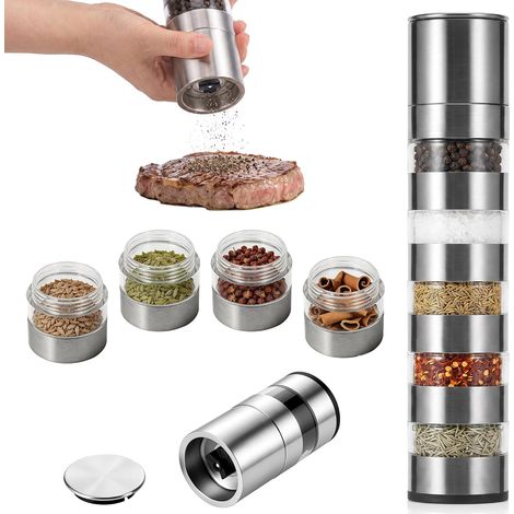 Moulin à épices 5 en 1, pot à épices portable pour les voyages Pot à épices empilable en acier inoxydable, moulin à sel et à poivre manuel, 5 compartiments, parfait pour le camping et les voyages (1/5)