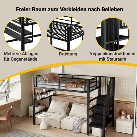Mezzanine lit 90x200 cm noir avec étagères, échelle de rangement, barrière de sécurité, espace sous le lit pour jeux, sans matelas