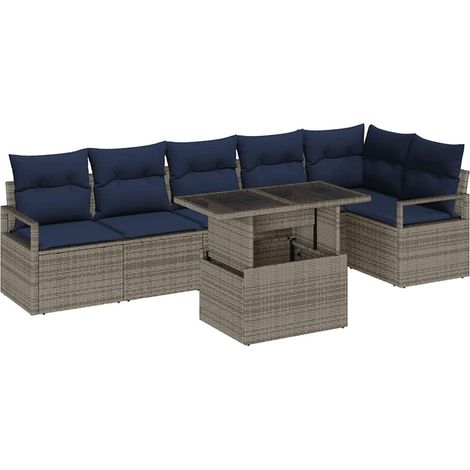 Garden Sofa Set 7 pcs Grey and Navy Blue Poly Rattan vidaXL (1/5)