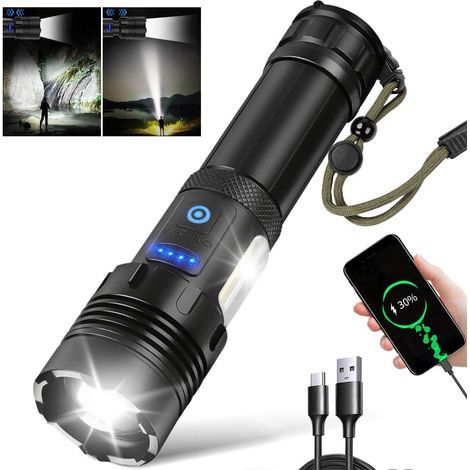 LED torche rechargeable Lumens élevés avec COB lumière latérale, torches menées super lumineuse lampe de poche puissante imperméable 7 modes torche zoomable (1/5)