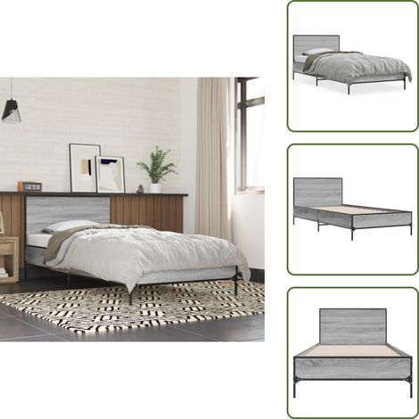 Bettgestell Grau Sonoma 75x190 cm Holzwerkstoff und Metall - Holzrahmen Bett - Doppelbett Gestell - Bettrahmen Grau - Lattenrost Bett - Boxspring Bett (1/5)
