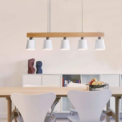 Gbly – Lampe suspendue moderne en bois blanc E27 – 5 ampoules – Longueur 100 cm – Idéale pour salle à manger et couloir – Câble ajustable 150 cm (1/5)