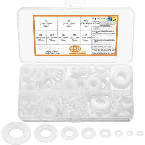 650 Pièces - Rondelles Nylon - Rondelles Plates - Isolation Et Répartition De Pression Pour Fixations Industrielles Et Électriques Noir M2 À M10 (1/5)