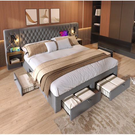 Lit double 180x200 cm gris en velours avec tête de lit, 2 chevets, 4 tiroirs et lampes de lecture USB (1/5)