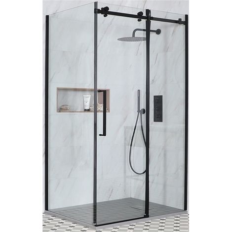 Milano Nero - Black Reversible Corner Frameless Sliding Door Shower Enclosure with Light Grey Slate Effect Tray and Fast Flow Waste - 1400mm x 800mm (1/5)