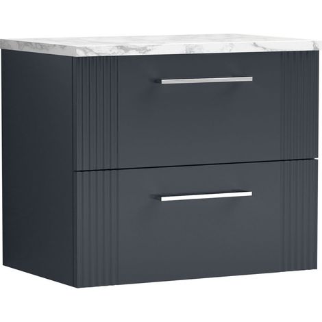 Belvide Partial Fluted 2 Drawer Wall Hung Vanity Unit with Carrera Marble Laminate Worktop - 600mm - Satin Dark Grey