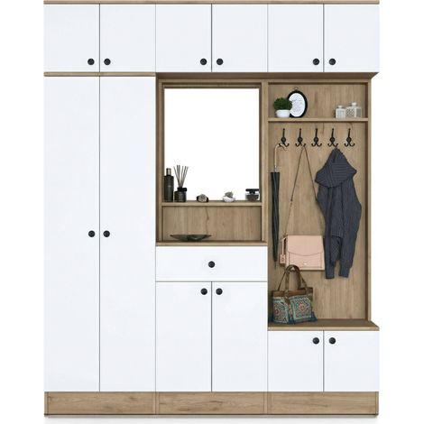 Dmora - Mobile da ingresso Constellation, Entratina appendiabiti, Composizione per atrio, Consolle portaoggetti multifunzione, 180x38 h226 cm, Noce e Bianco