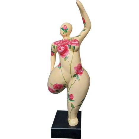 Statue femme jambe pliée beige avec fleurs roses H60 cm - LADY ROSE