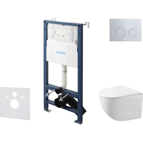 kielle Genesis New - Set bâti support, WC compact Gaia, sans rebord, abattant softclose et bouton-poussoir Gemini New II, chrome brillant 30528SS86 (1/5)
