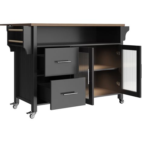 Isola da cucina nera in MDF con porta in vetro, 2 cassetti, ripiani regolabili, LED e ruote (1/5)