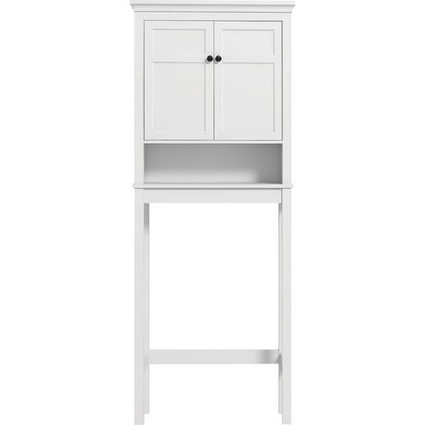 Armoire de rangement blanche pour salle de bain, meuble WC et machine à laver avec 2 portes et étagères réglables, gain de place (1/5)