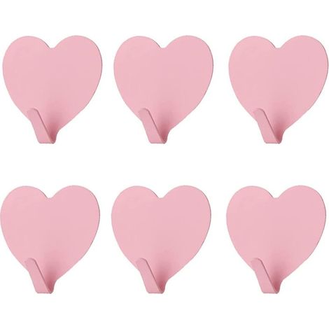 Lot de 6 crochets muraux décoratifs en forme de cœur, adaptés à la maison, la cuisine, la salle de bain et le bureau (rose clair) (1/4)