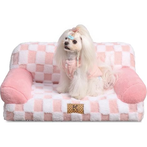 Petit Canapé Panier Chien Dehoussable Lavable 66x37 cm, Lit pour Chien Orthopédique, Panier Chat Moelleux Confortable, Base Antidérapante, Canapé pour Chien avec Accoudoirs et Dossier, Rose (1/5)
