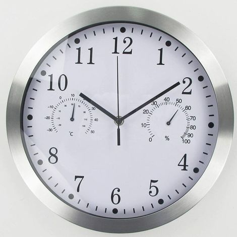 Reloj de pared redondo de cuarzo, silencioso, de aluminio, con termómetro e higrómetro, ideal para sala de estar, cocina u oficina (blanco). (1/5)
