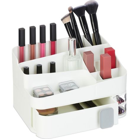 Relaxdays Make-Up Organiser, 18 Compartments, Cosmetic Storage, Plastic, HWD: 15 x 26 x 21 cm, Beauty Utensils, White (1/5)