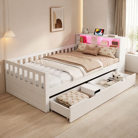 Letto singolo 90x200 cm in legno bianco con contenitori per cameretta, senza materasso – MEUBLIV (1/5)