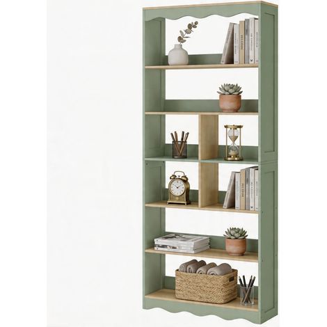Bibliothèque, meuble de rangement à 6 niveaux avec 6 compartiments ouverts, 76 x 23,8 x 180 cm, bois naturel et vert