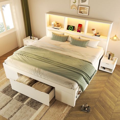 Cama blanca (140x200 cm) con espacio de almacenamiento y 2 mesitas de noche móviles, cama doble funcional de madera con iluminación LED y función de carga USB Tipo-C. (1/5)