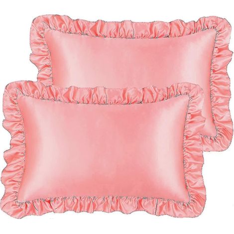 Ensemble de 2 taies d'oreiller à volants de luxe, housse d'oreiller rétro en satin soyeux avec volant, taies d'oreiller en satin 85 g/m² avec fermeture enveloppe, coloris standard boudoir corail clair (1/5)