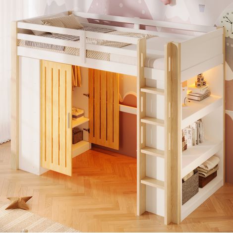 Letto a soppalco nordico 90x200 cm in pino bianco+naturale con LED, armadio, scaffali e scala (1/5)