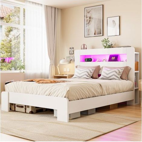 Lit Rembourré 140x200cm avec éclairage LED - Lit double - Tête de lit avec rangement et prises électriques, cadre en bois blanc pur. (1/5)