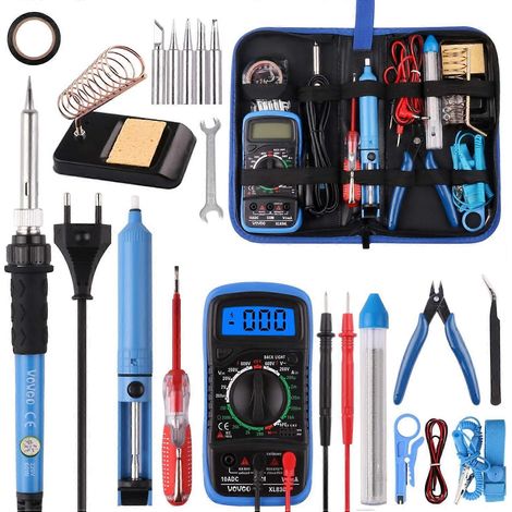 Kit de soudage avec fer à souder électrique 60 W, température réglable, multimètre numérique, support pour fer à souder, pompe à dessouder et étui portable en PU. (1/5)