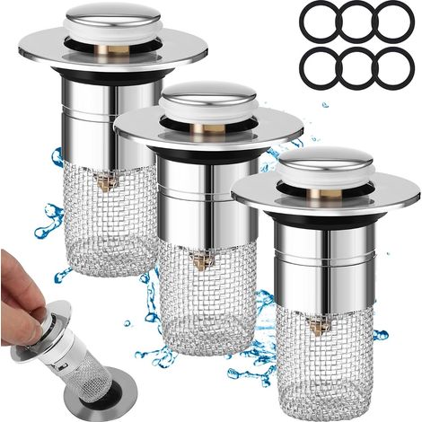 FLITI 3-Piece Bathroom Sink Plug, Sink Stopper, Bathtub Plug, Sink Plug with Removable Filter, Universal Pop-Up Sink Plug, Kitchen Sink Plug for 34-40mm Sinks (1/4)
