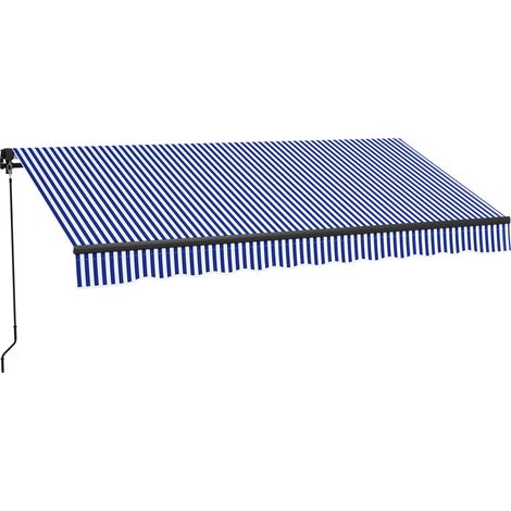 Store manuel rétractable pour balcon, auvent inclinable à manivelle, armature en aluminium, toile polyester bleu et blanc. (1/5)