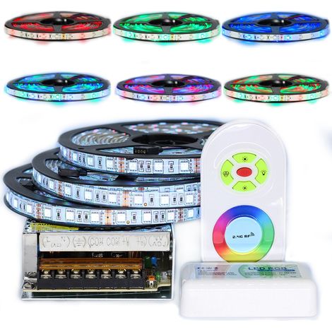 Kit de cinta profesional 5050 - 60 LED/m - 15 metros ( 3x5m )RGB anti-salpicaduras (IP65) con radio controlador y transformador  Longitud: 15 metros (3x5m) (1/4)