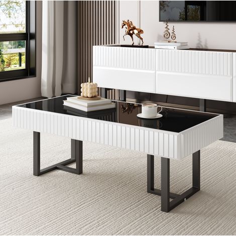 Tavolino da salotto in MDF e truciolare nero e bianco 110 cm con piano nero lucido (1/5)