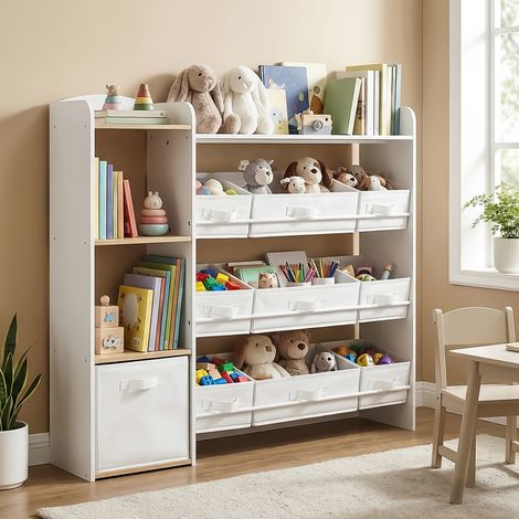 Meuble de Rangement pour Jouets Enfants, Étagère Montessori avec Paniers et Bacs, Chambre d’Enfant, Blanc