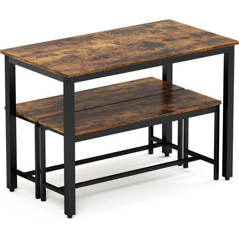 Ensemble table à manger industrielle avec 2 bancs, 110x60x75 cm, bois stratifié marron rustique et structure acier noir (1/5)