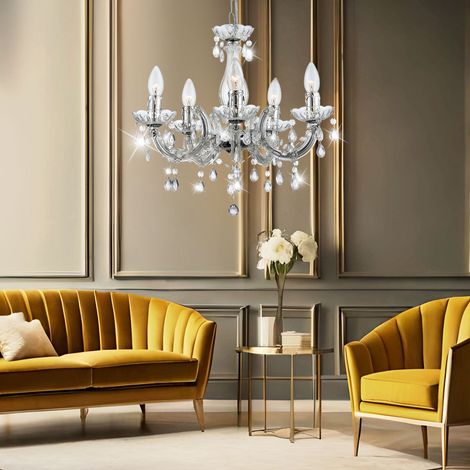 Lampadario di cristallo lampada a sospensione cromo lampada da tavolo da pranzo lampadario lampada a sospensione cristallo trasparente, 5x attacco E14, DxH 44x128 cm
