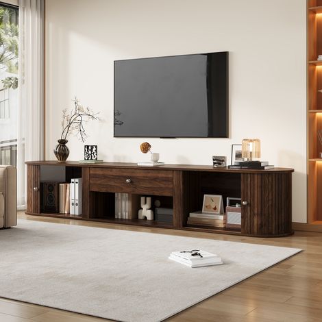 Mueble bajo para TV, con diseño redondeado y 2 puertas enrollables, con 1 cajón, apto para televisores de hasta 75 pulgadas, ideal para salones y comedores, 180x40x40cm, color nogal. (1/5)