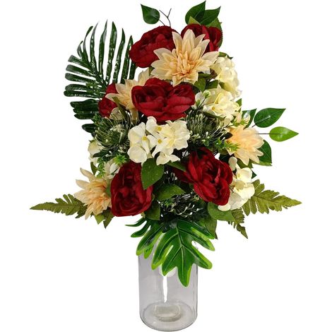Centre de Fleurs Artificielles pour Cimetière Églises Mariages Centre de Fleurs pour Les Saints Rouge Orange et Beige Vase 65x40 cm