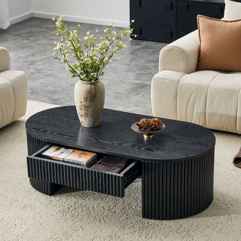 Table basse ovale noire avec tiroir, façade rainurée en MDF, 105 x 54 x 38 cm (1/5)