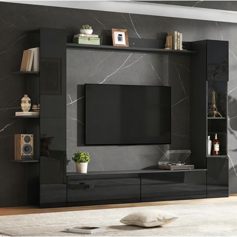 Meuble rangement TV mural salon 245x30x170 cm MDF noir OKMYHOME (1/5)